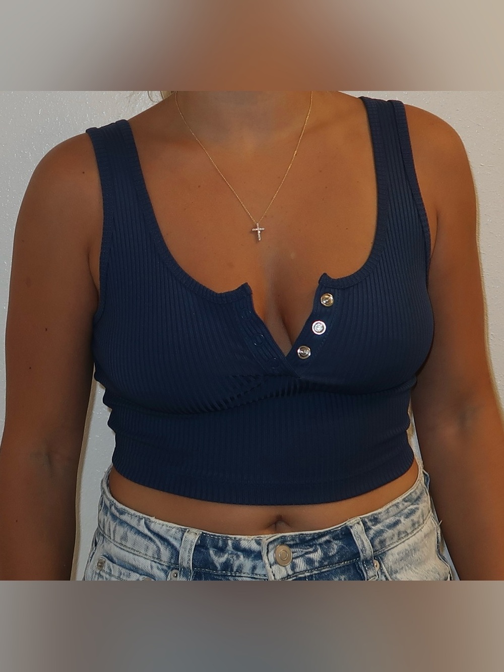 Ribbed Navy Button-Detail Crop Tank Top